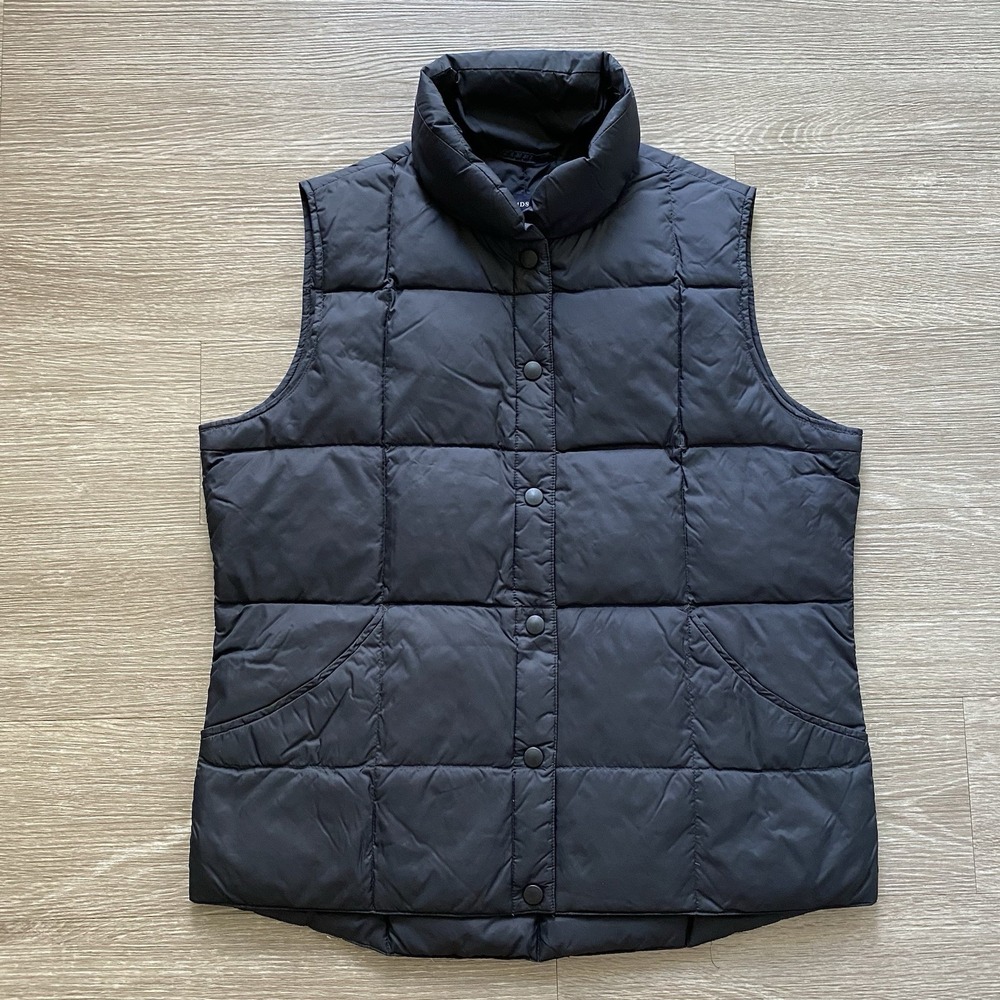 Lands End Down Puffer Vest Womens S 6-8 Black Goose Down Snap Front Pockets Hike